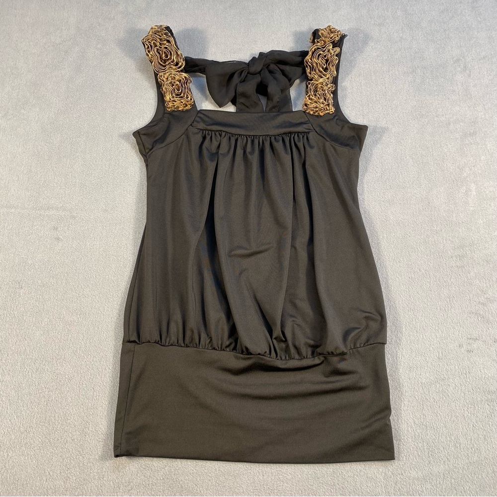 Women’s Black Sleeveless Stretchy Mini Dress with Gold Accents, bow tie back